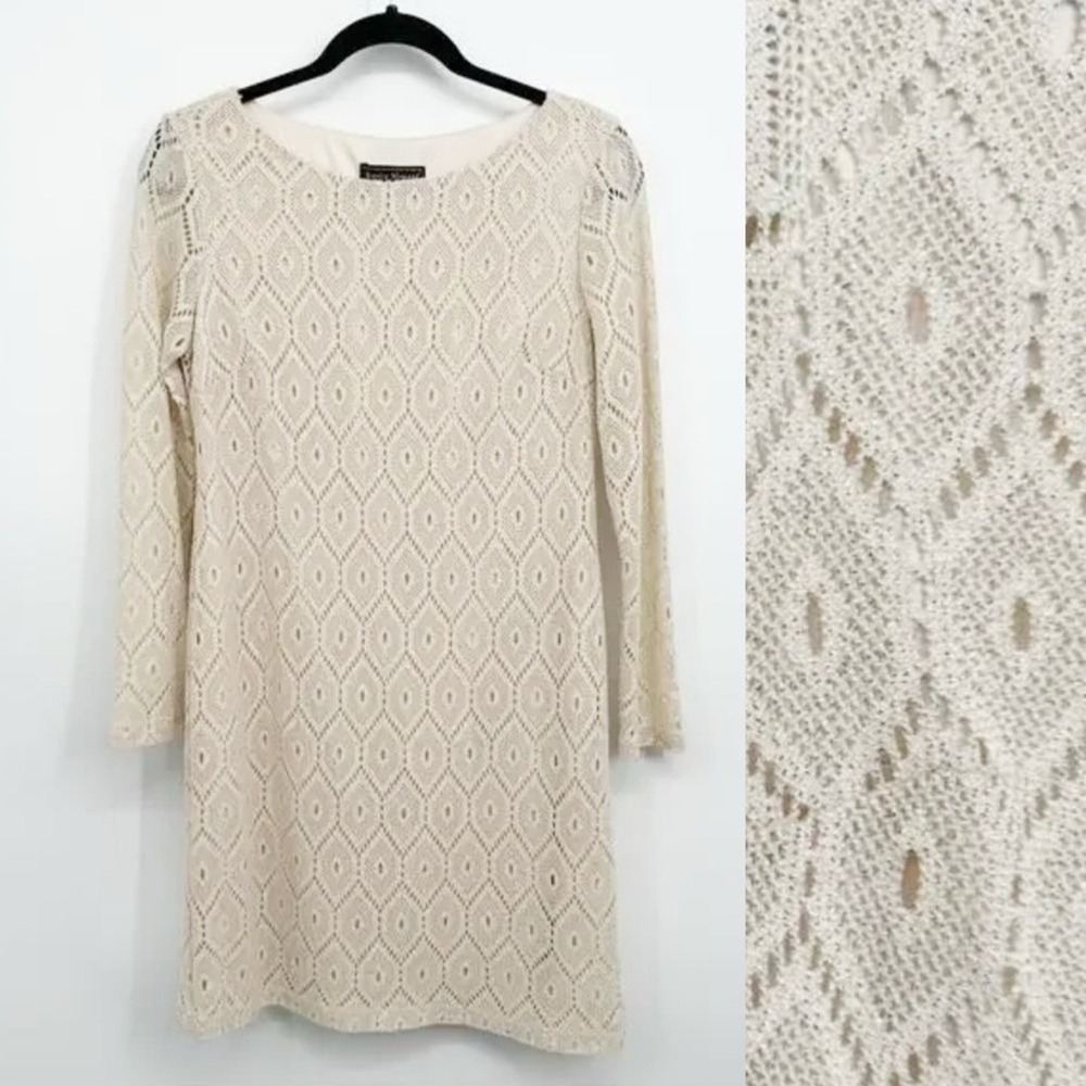 Boho Crochet Lace Dress Cream Diamond Motif 3/4 Sleeve 10P Hippie Mod - Picture 2 of 10